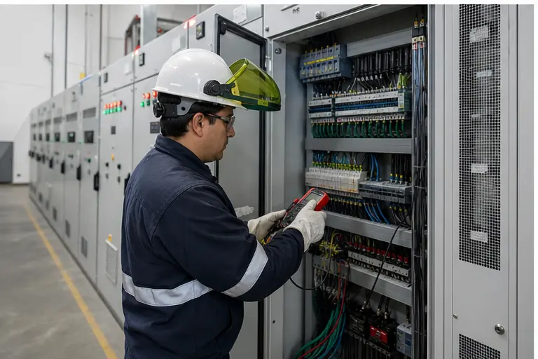 Visual IA realista de tableros eléctricos industriales y sistemas de control.