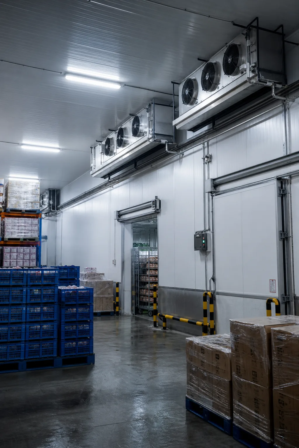 Visual IA realista de almacén frigorífico industrial con evaporadores y pallets refrigerados.