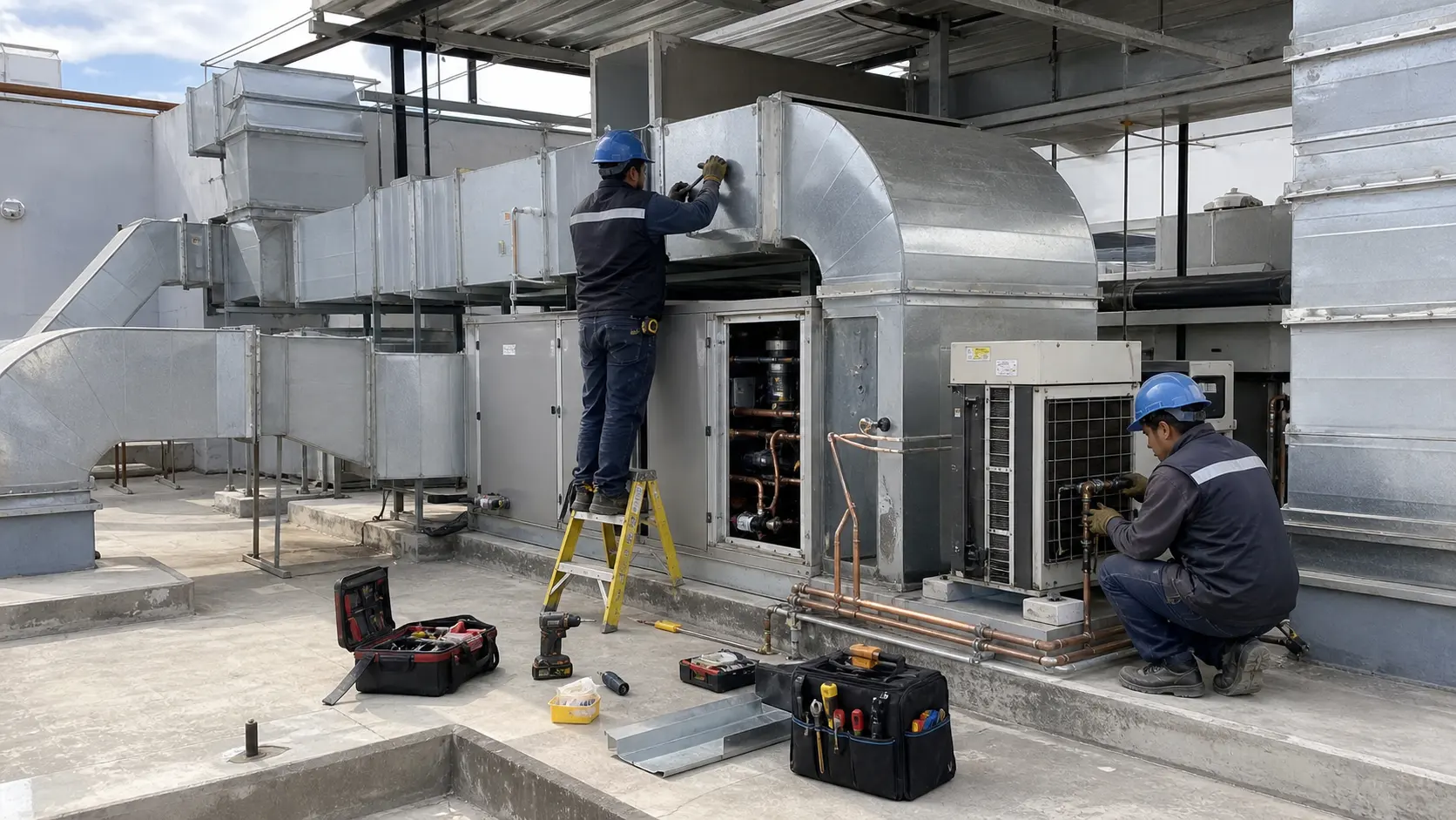 Visual IA realista de instalación HVAC y ventilación en azotea técnica.