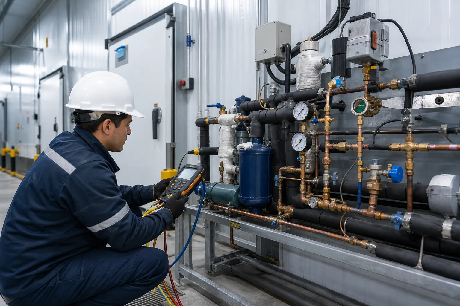 Visual IA realista de diagnóstico técnico en sistema de refrigeración industrial.